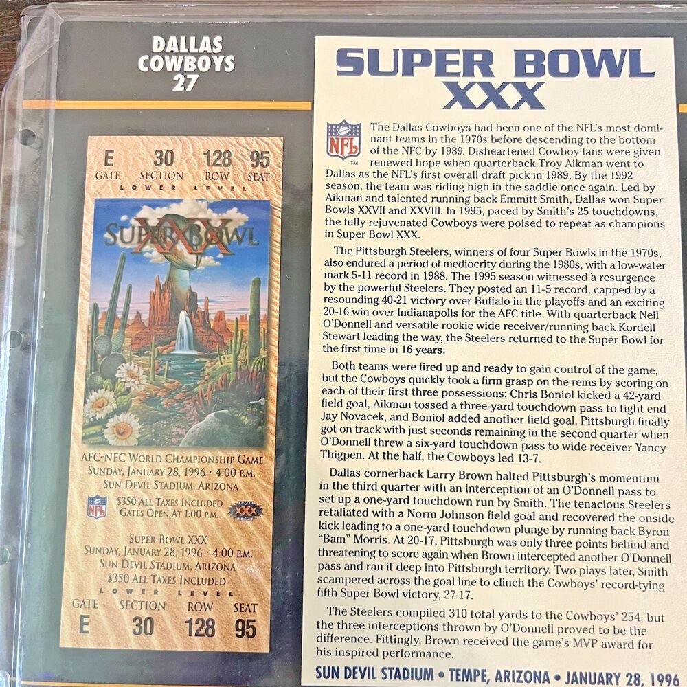 Super Bowl XXX Commemorative Gold Plated Super Bowl Ticket 22KT Willabee & Ward - Picture 6 of 10